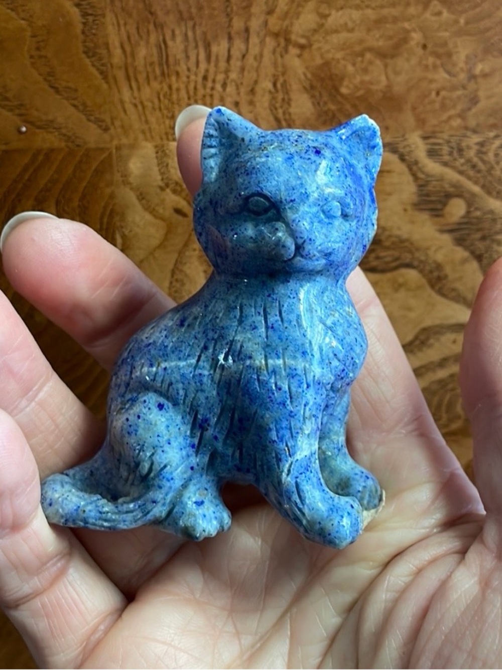 Hand-Carved Blue Speckled Stone Cat Figurine